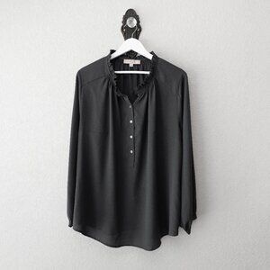 LOFT Plus Womens Size 16 Gray Silky Blouse Ruffle Neck Long Sleeve Flowy Top